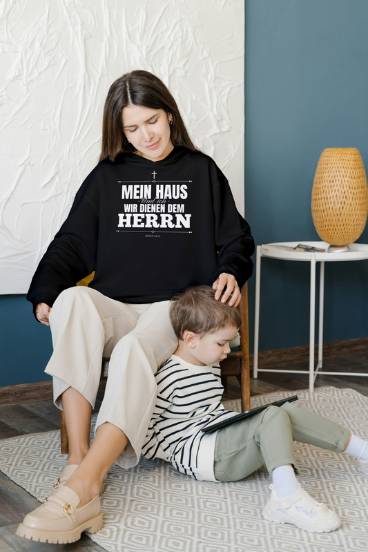 Mein Haus und ich, wir dienen dem Herrn - Frontprint, Premium Hoodie.
