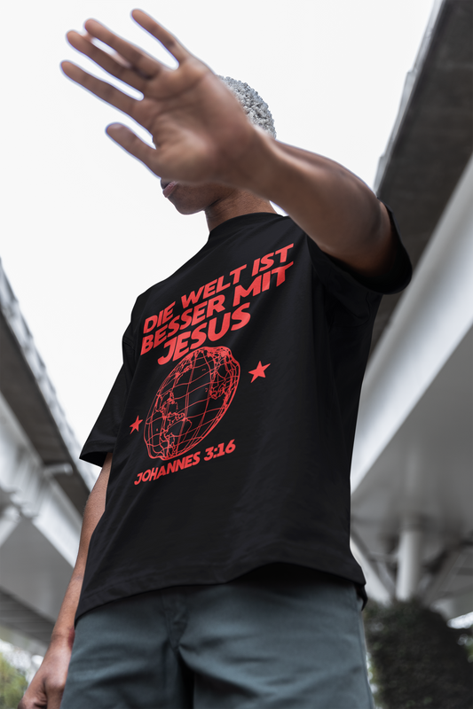 Die Welt ist besser mit Jesus - Frontprint, Oversized Shirt.